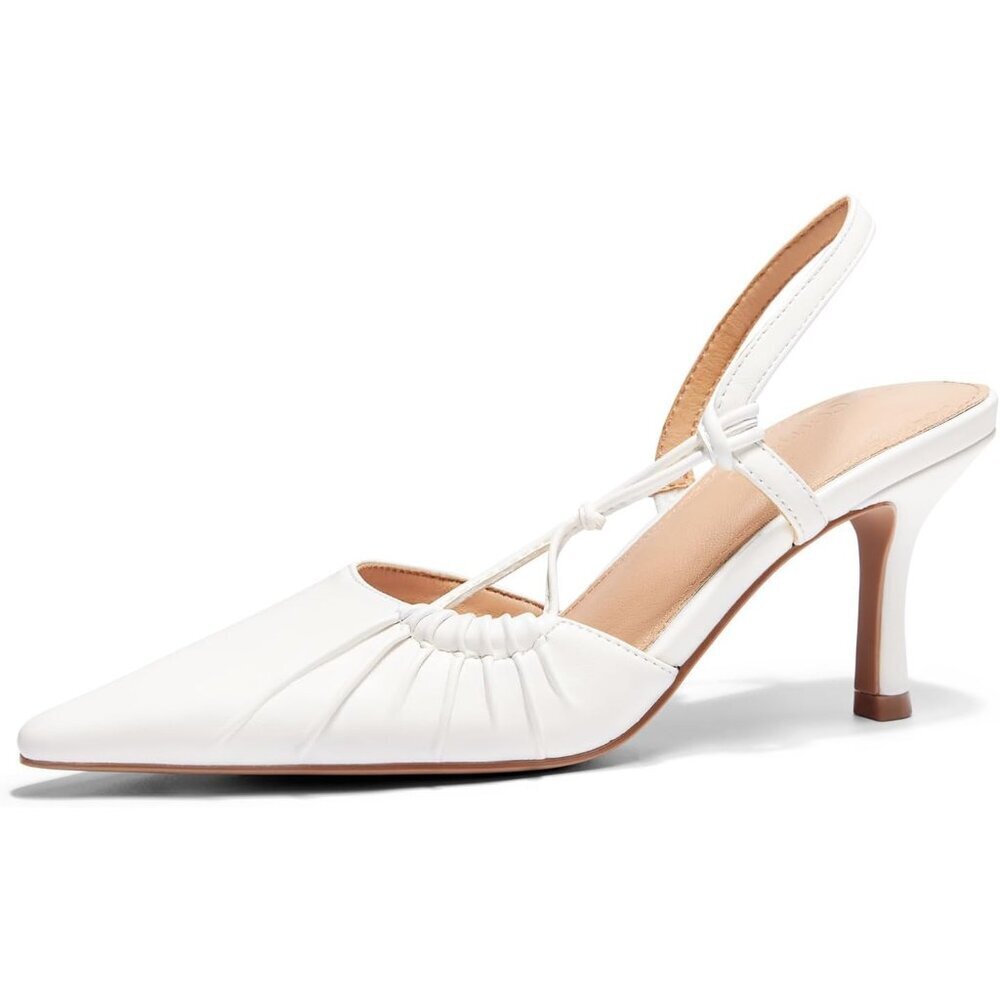 Women's White Slingback Kitten Heel Closed Pointed Toe Pumps Party Dress Shoes